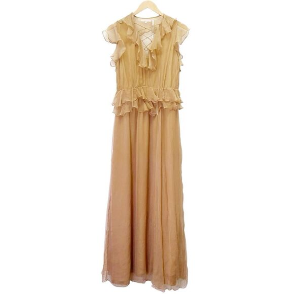 NWT New Friends Colony Maya Tan Chiffon Ruffled Lace-Up Maxi Dress Size Medium - Picture 2 of 13